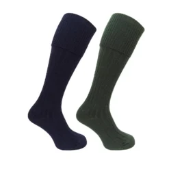 Hoggs Of Fife Plain Turnover Top Stocking - Dark Olive/Navy - Twin Pack